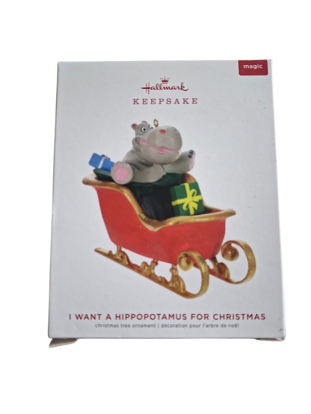 Hallmark Gray Hippo in Red and Gold Sleigh Ornament